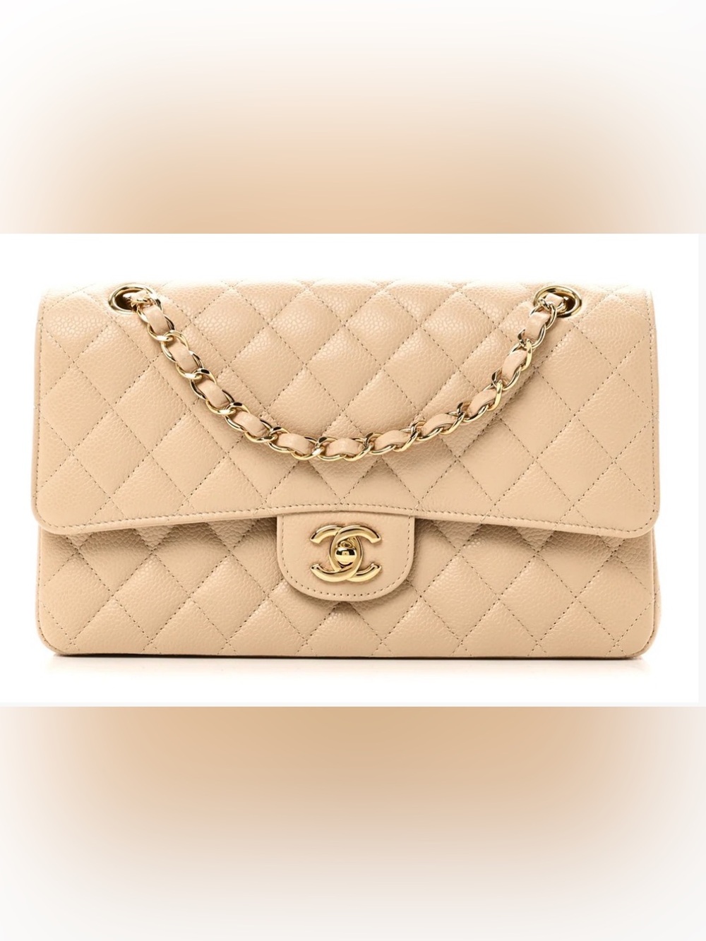 CHANEL Beige Quilted Medium Double Flap Bag with Gold Hardware